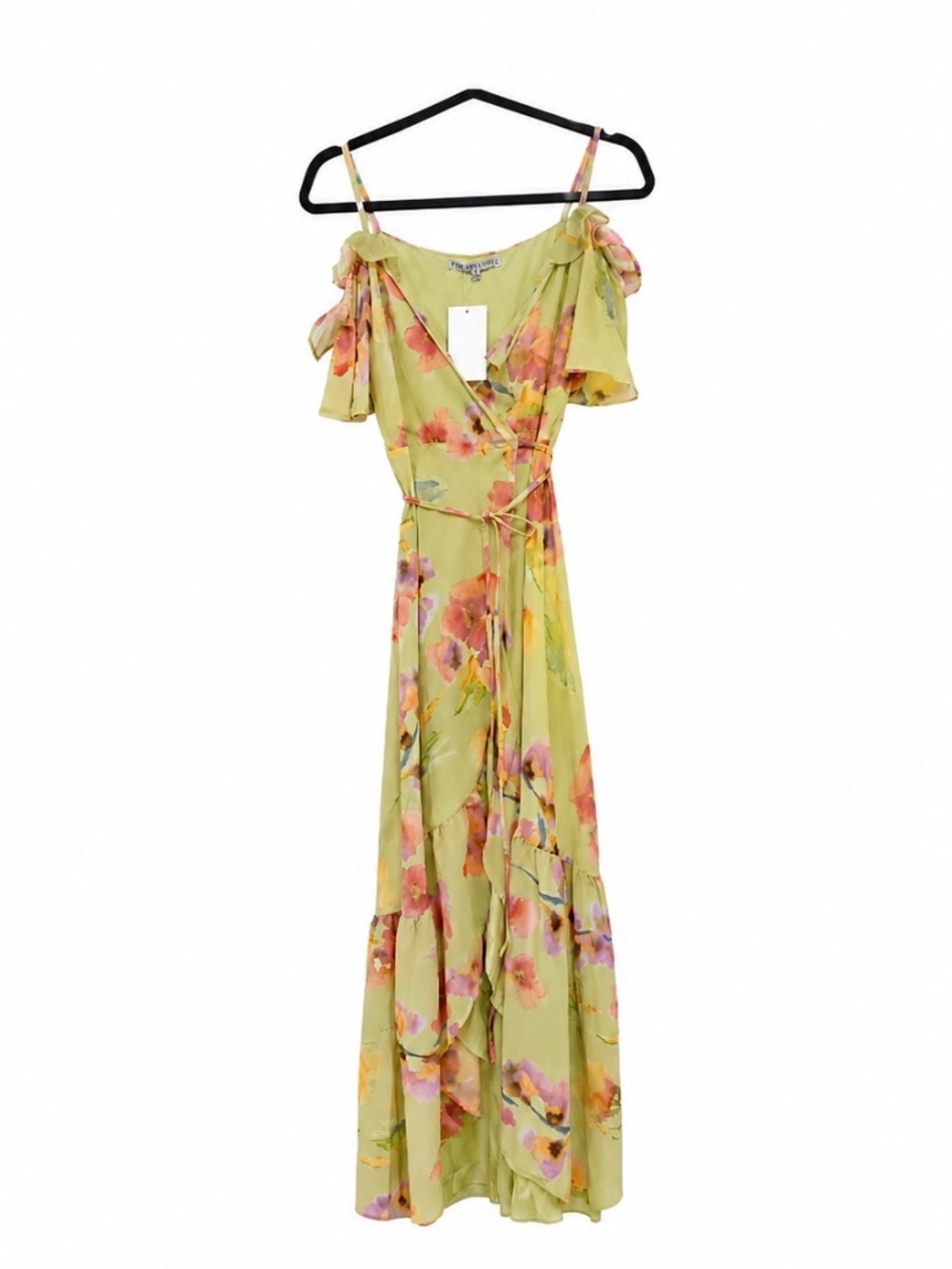 Hope and Ivy Dress size 6 Cold Shoulder Floral Lime Green Wrap Maxi lined NWT